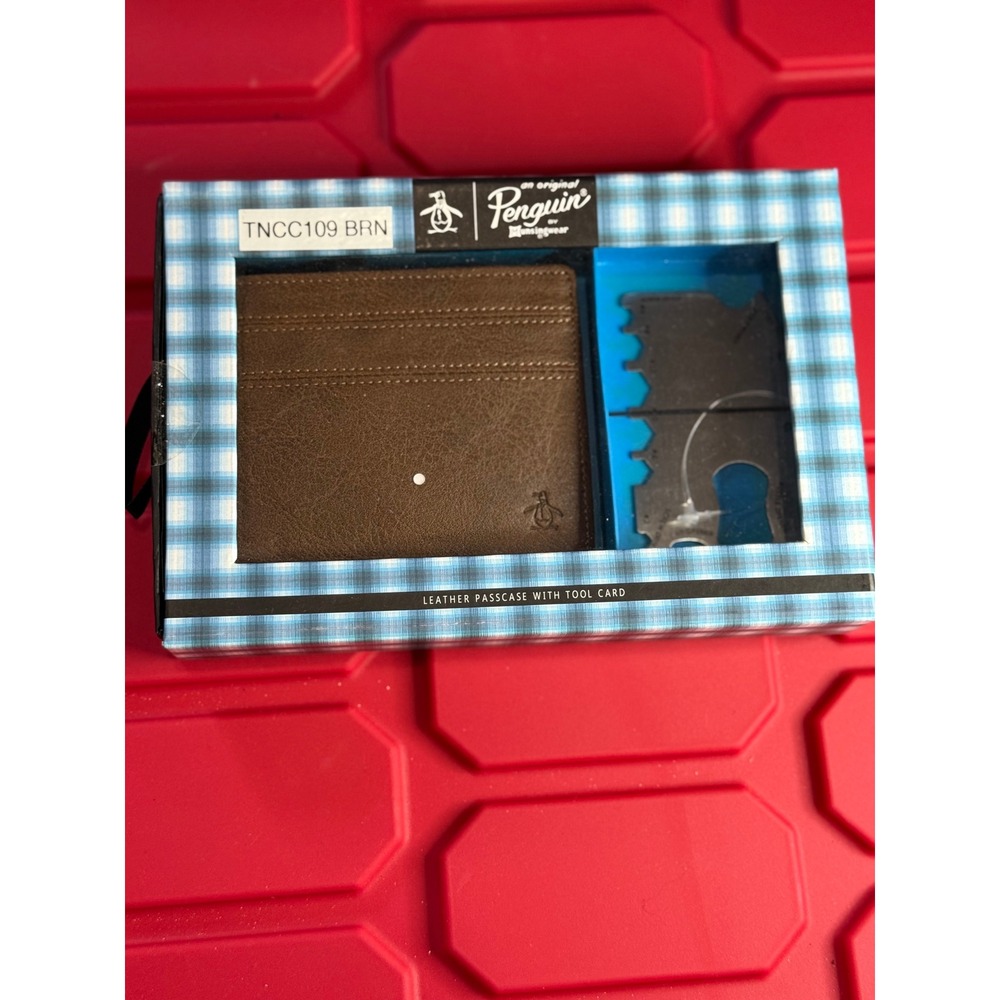 Original Penguin Mens Leather Passcase Wallet and Tool Card Gift Set TNCC109 BRN